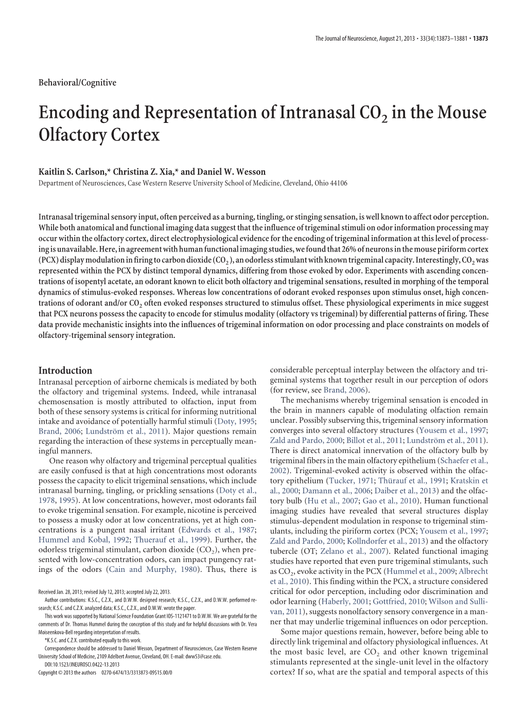 Encoding and Representation of Intranasal CO2 in the Mouse Olfactory Cortex