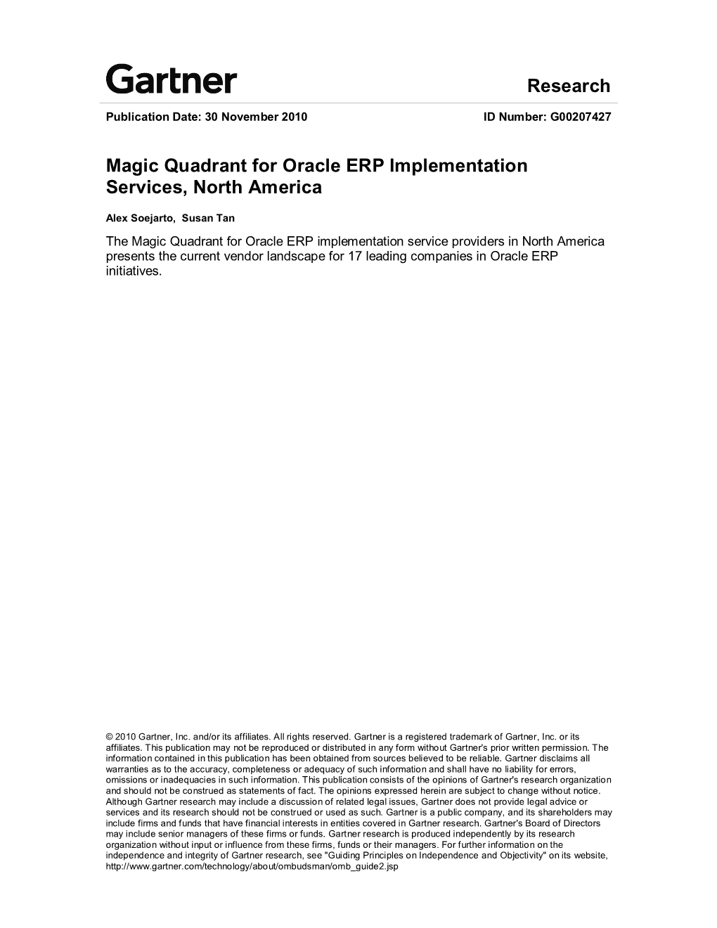 Research Magic Quadrant for Oracle ERP Implementation Services