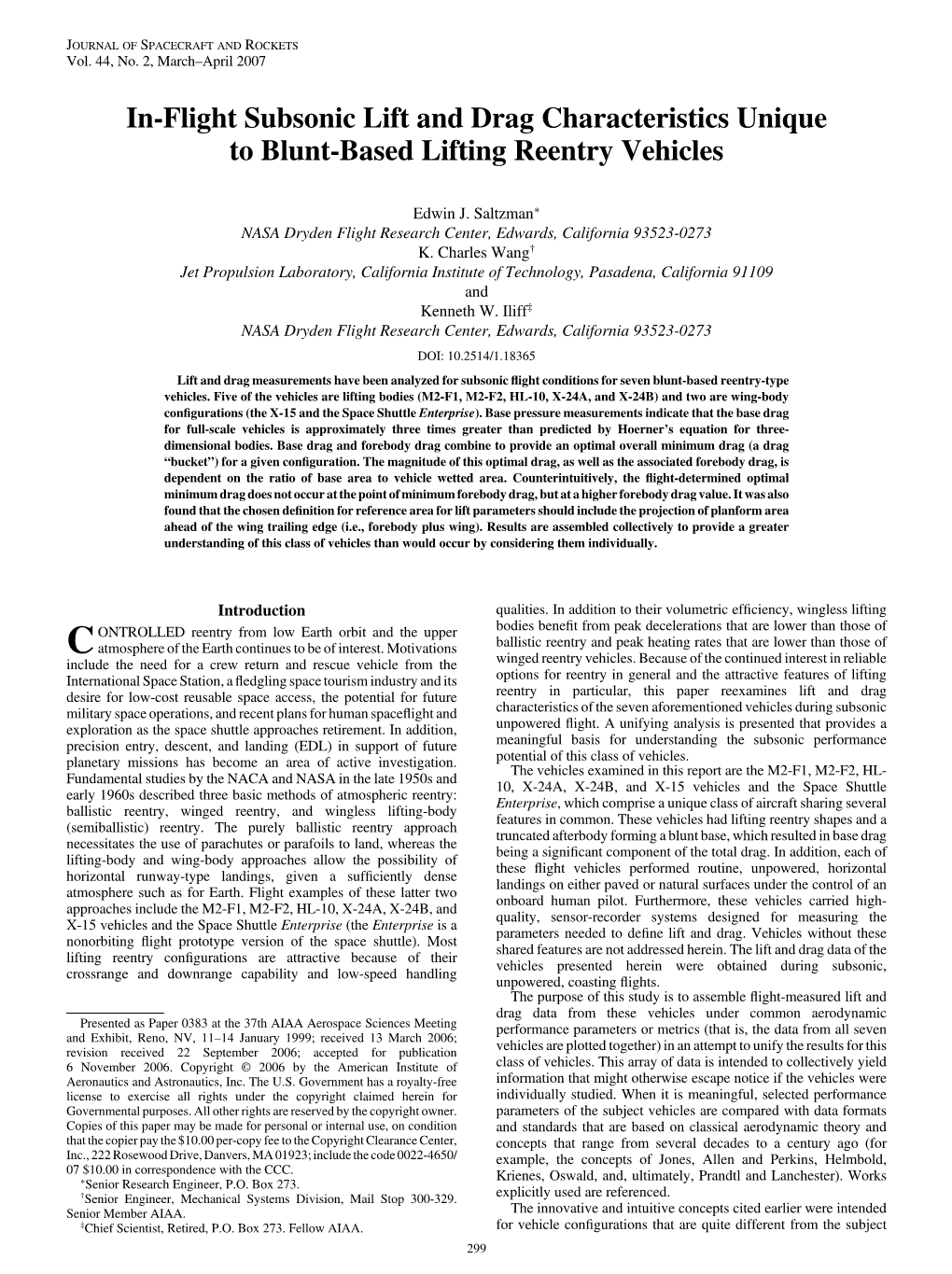 In-Flight Subsonic Lift and Drag Characteristics Unique to Blunt-Based Lifting Reentry Vehicles