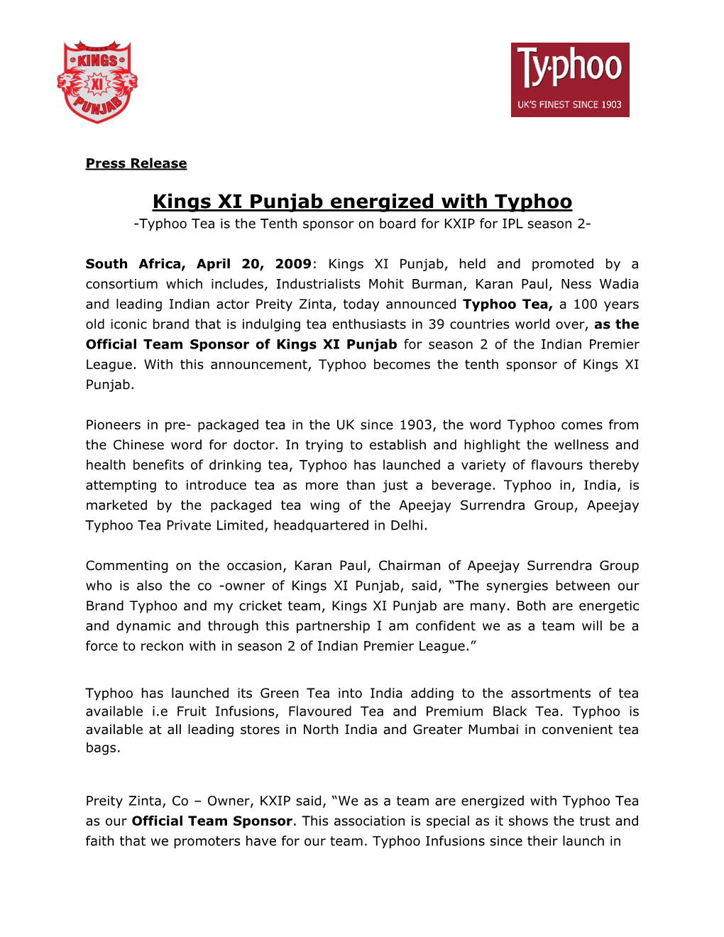 Kings XI Punjab Energized with Typhoo -Typhoo Tea Is the Tenth Sponsor on Board for KXIP for IPL Season 2