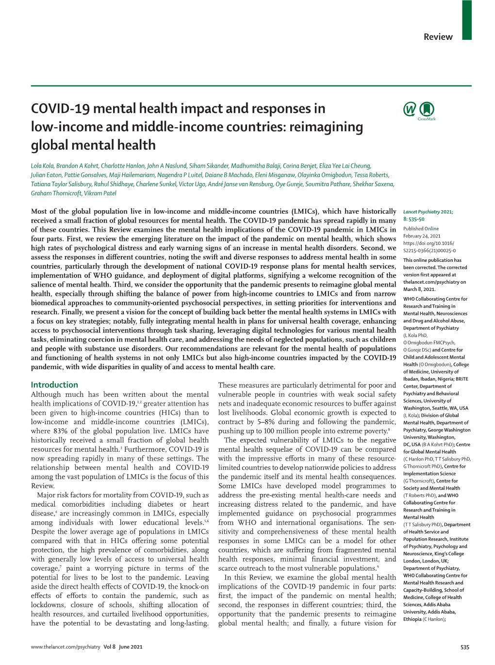 COVID-19 Mental Health Impact and Responses in Low-Income and Middle-Income Countries: Reimagining Global Mental Health