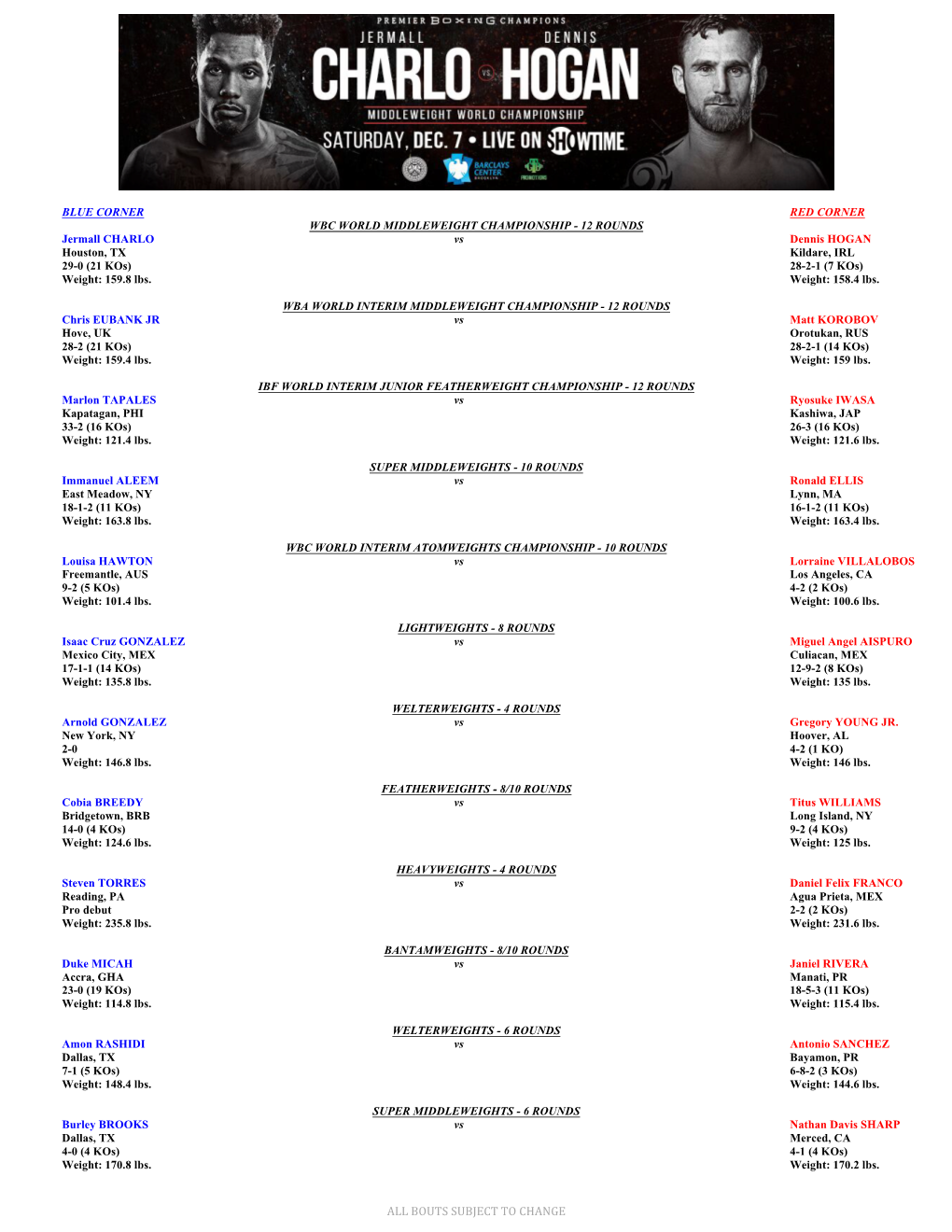 Bouts Subject to Change 12/6/19 3:41:15 Pm Blue Corner Red Corner Wbc World Middleweight Championship