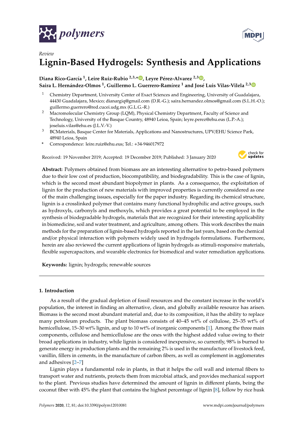 Lignin-Based Hydrogels: Synthesis and Applications