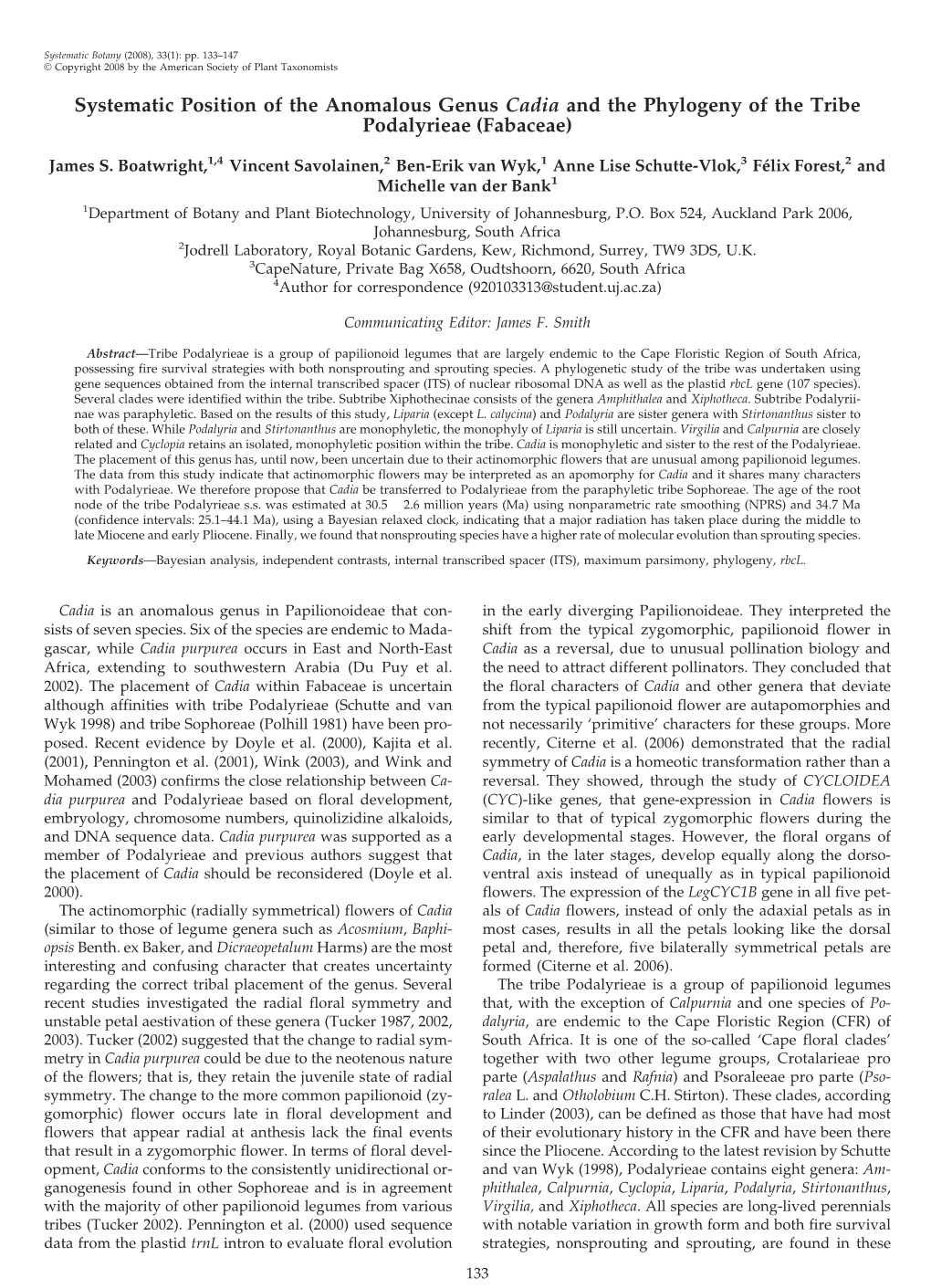 Systematic Position of the Anomalous Genus Cadia and the Phylogeny of the Tribe Podalyrieae (Fabaceae)