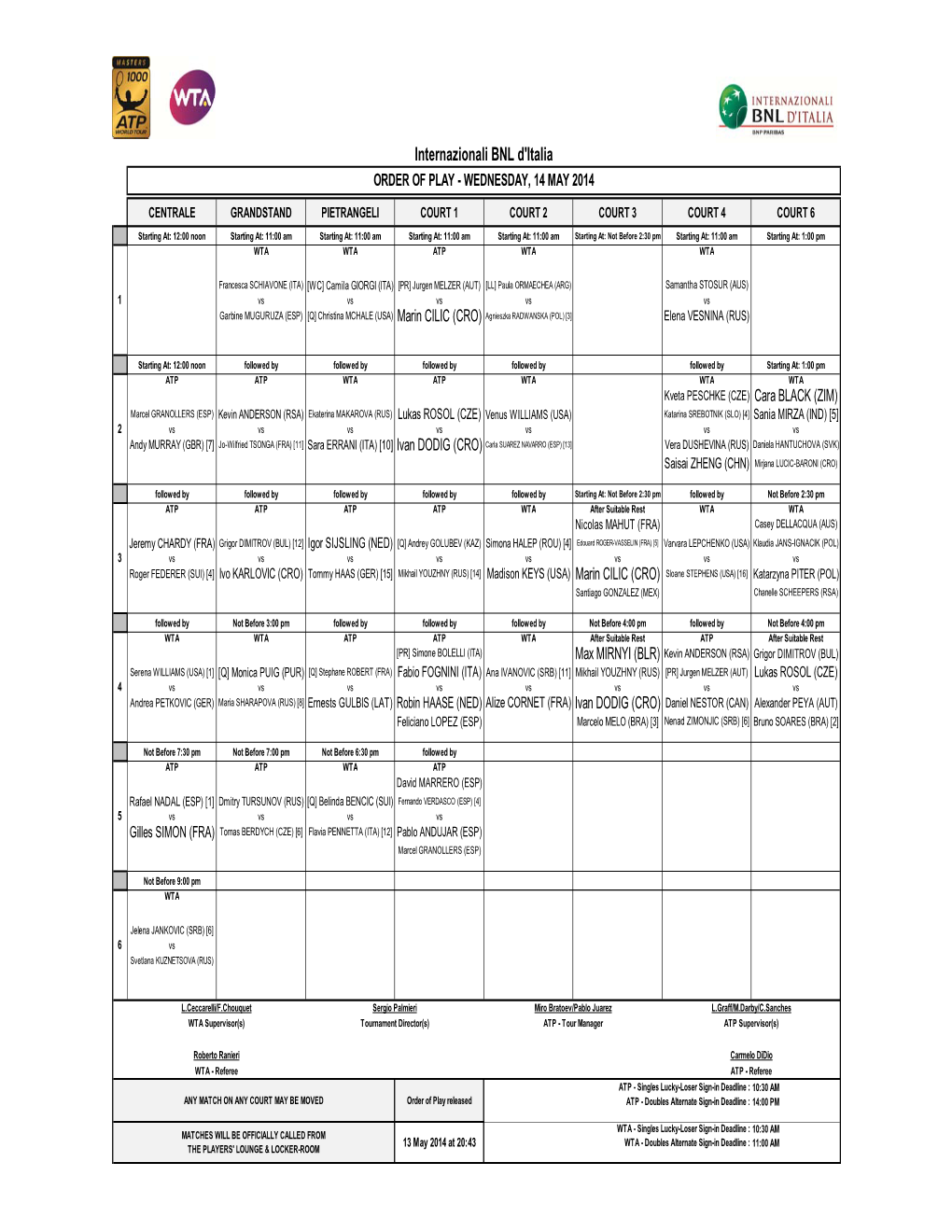 Internazionali BNL D'italia ORDER of PLAY - WEDNESDAY, 14 MAY 2014