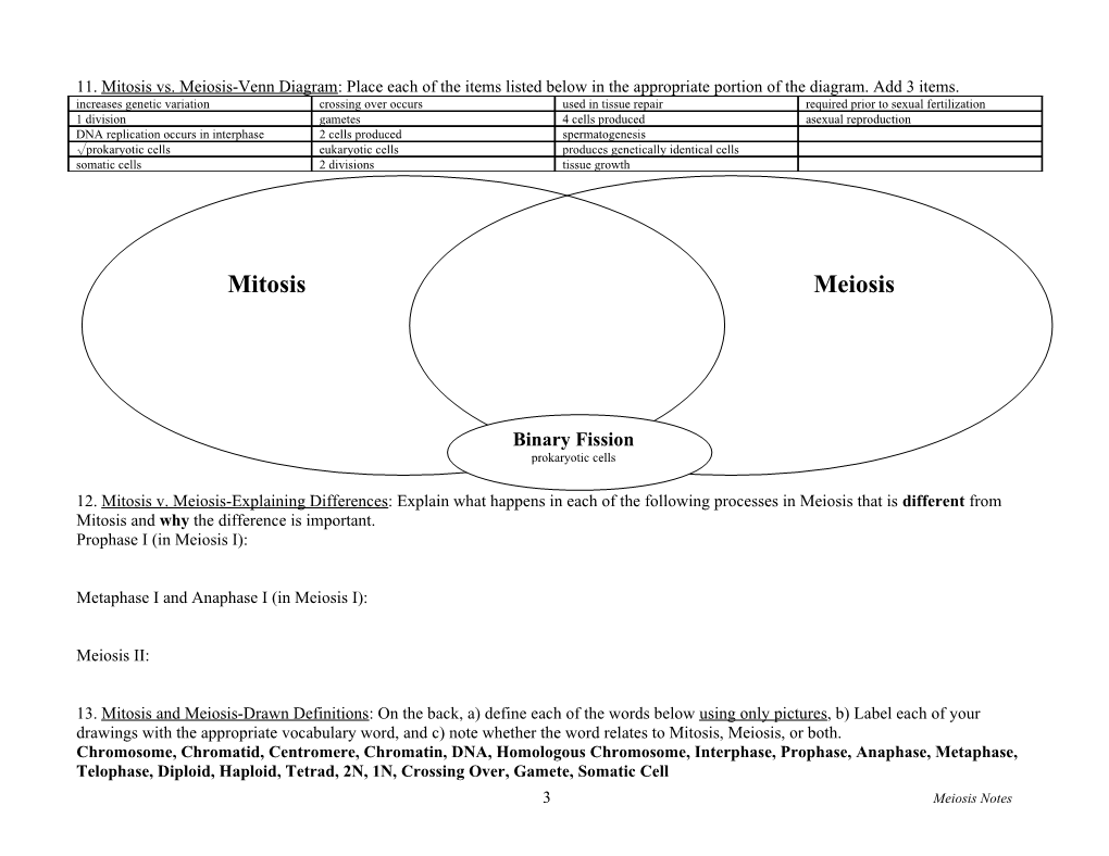 11. Mitosis Vs. Meiosis-Venn Diagram: Place Each of the Items Listed Below in the Appropriate