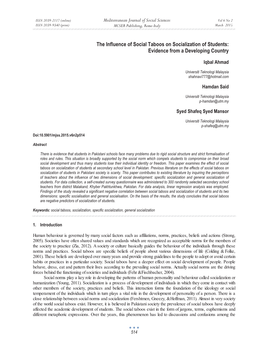 The Influence of Social Taboos on Socialization of Students: Evidence from a Developing Country