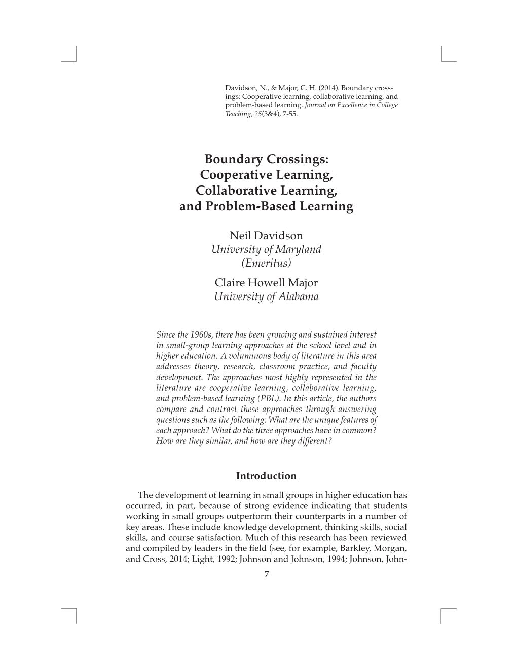 Boundary Crossings: Cooperative Learning, Collaborative Learning, and Problem-Based Learning
