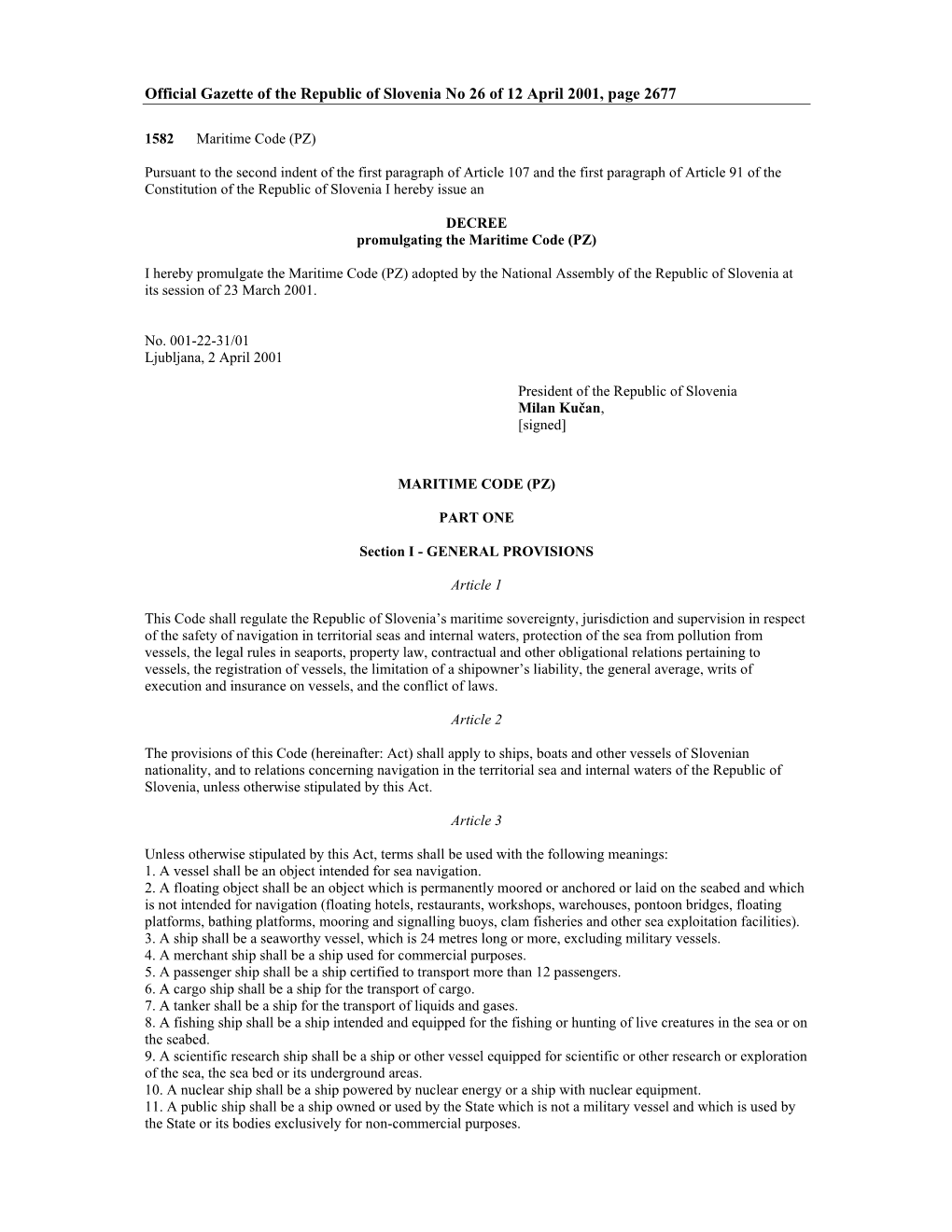 Official Gazette of the Republic of Slovenia No 26 of 12 April 2001, Page 2677