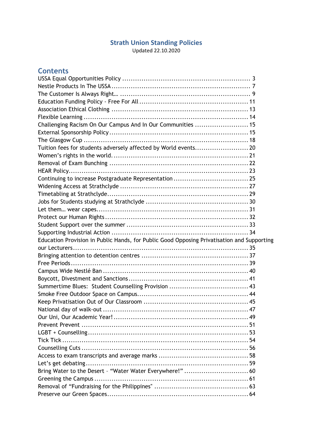 Strath Union Standing Policies Contents