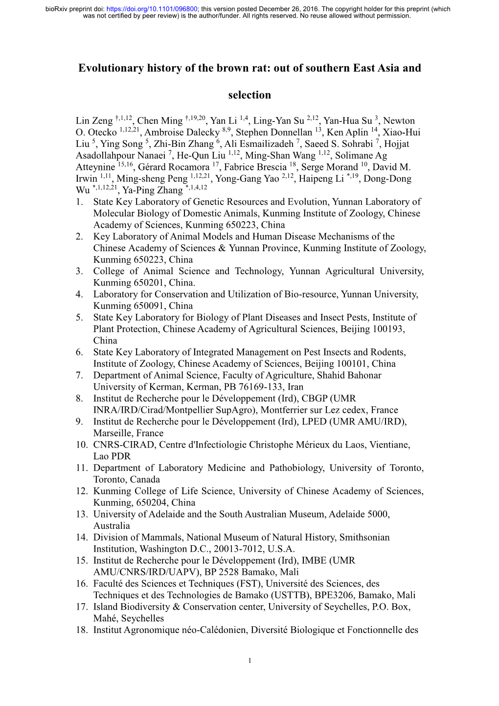 Evolutionary History of the Brown Rat: out of Southern East Asia And