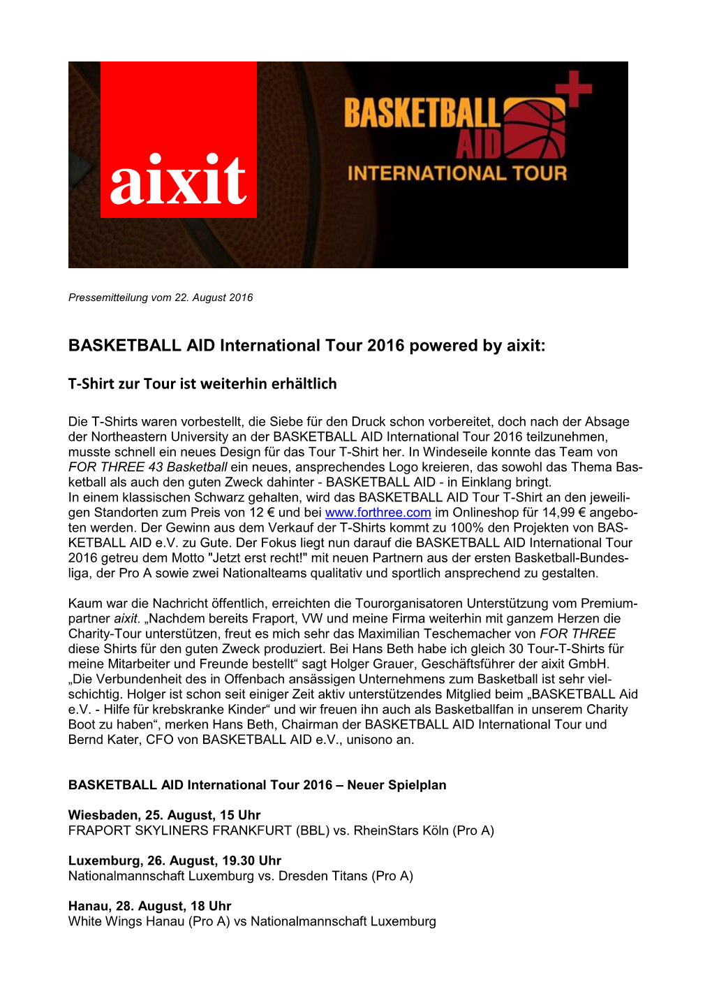 BASKETBALL AID International Tour 2016 Powered by Aixit: T-Shirt Zur