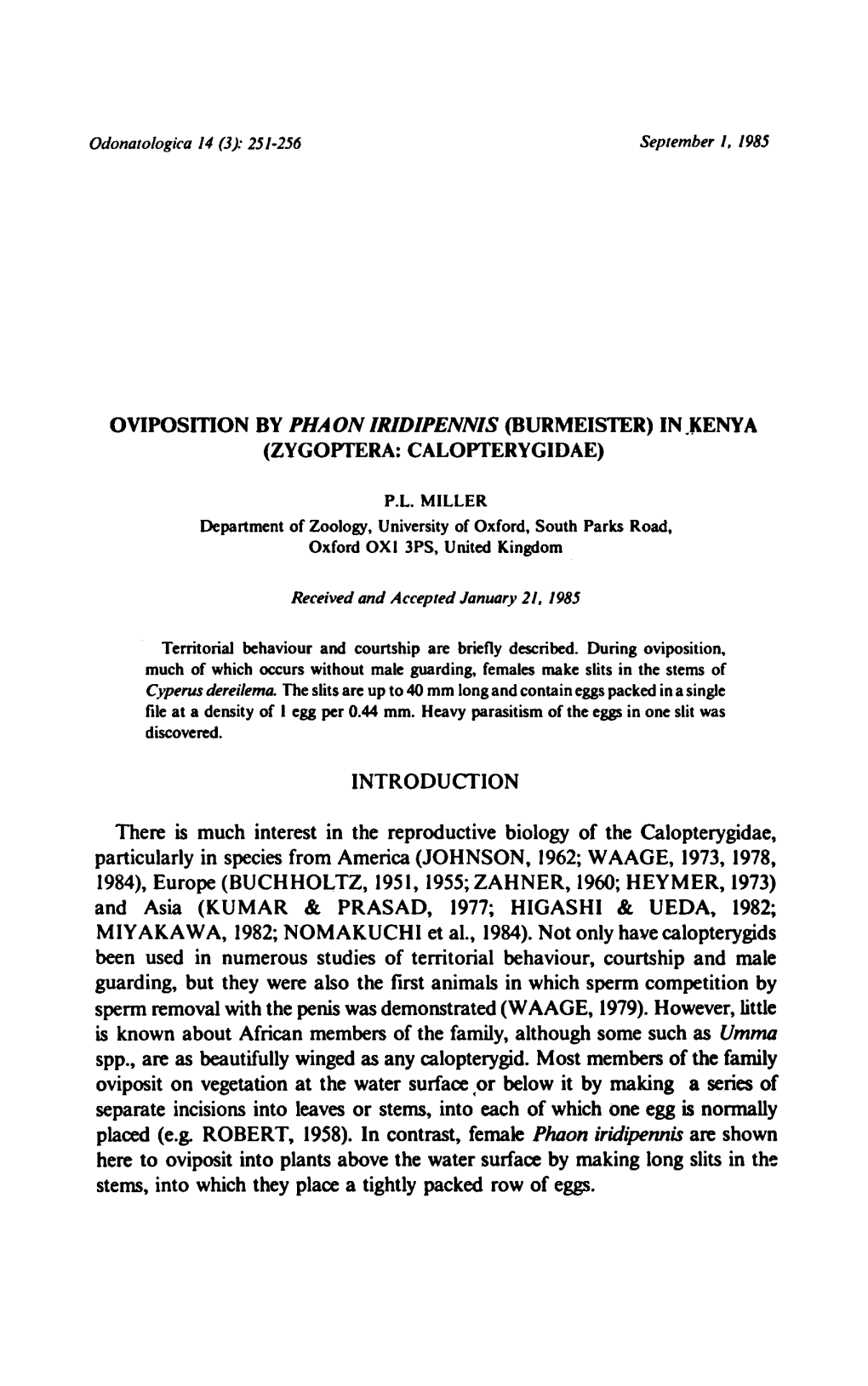 (Burmeister) Reproductive Biology of the Calopterygidae, Particularly In