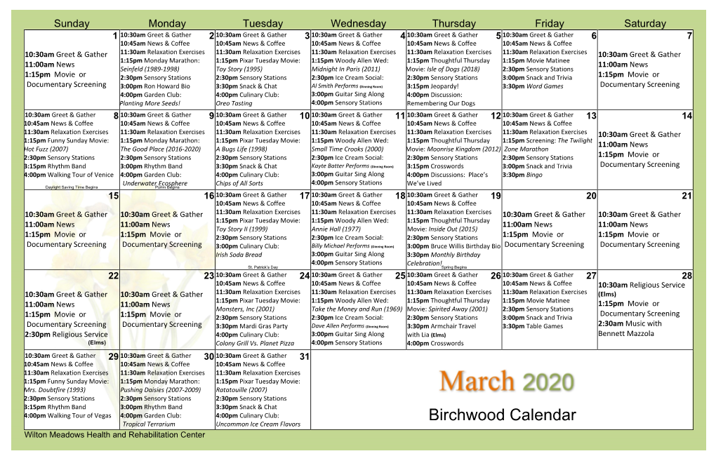 Birchwood March 2020 Calendar