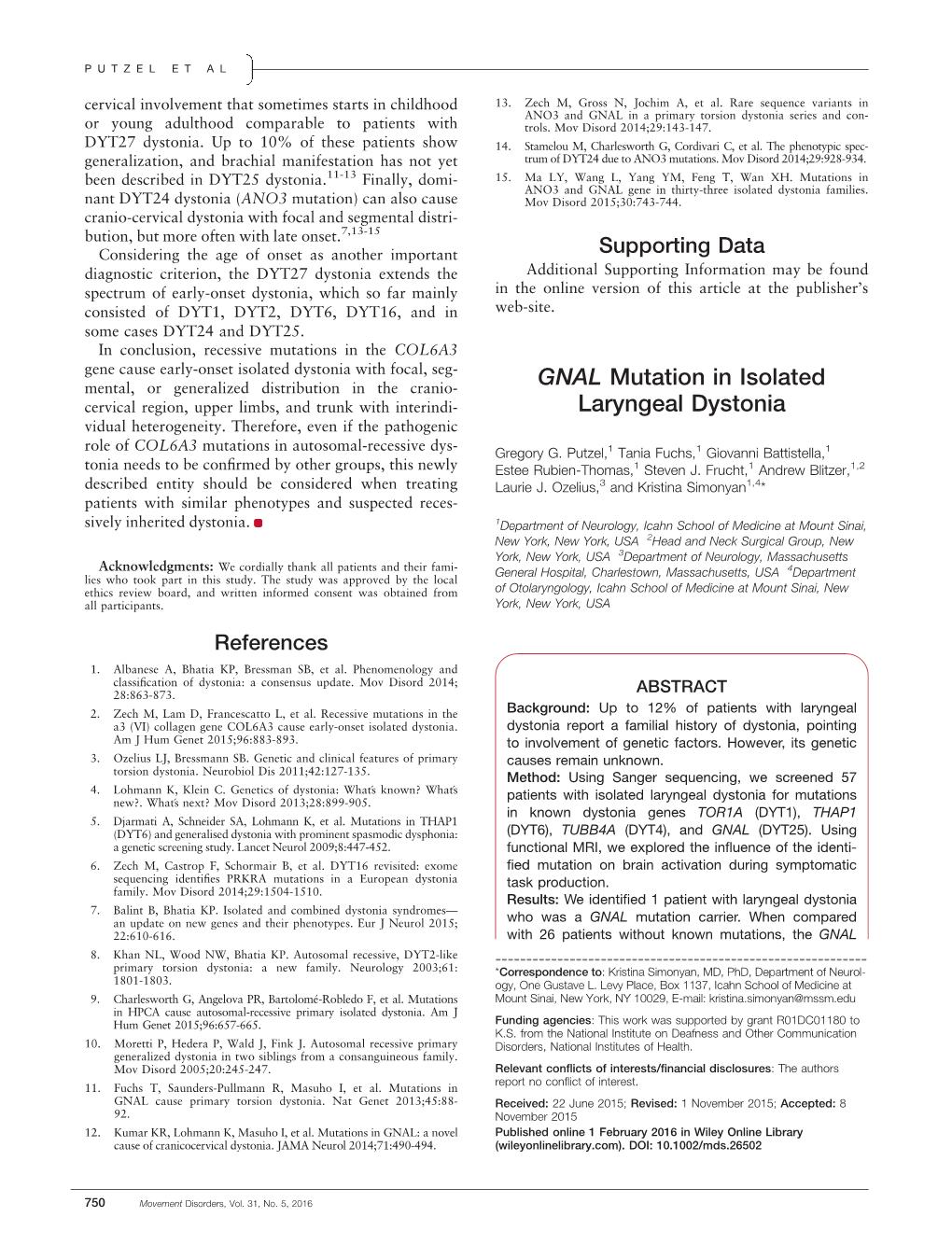 GNAL Mutation in Isolated Laryngeal Dystonia