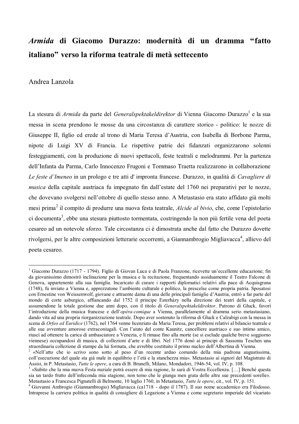 Armida Di Giacomo Durazzo: Modernità Di Un Dramma “Fatto Italiano” Verso La Riforma Teatrale Di Metà Settecento