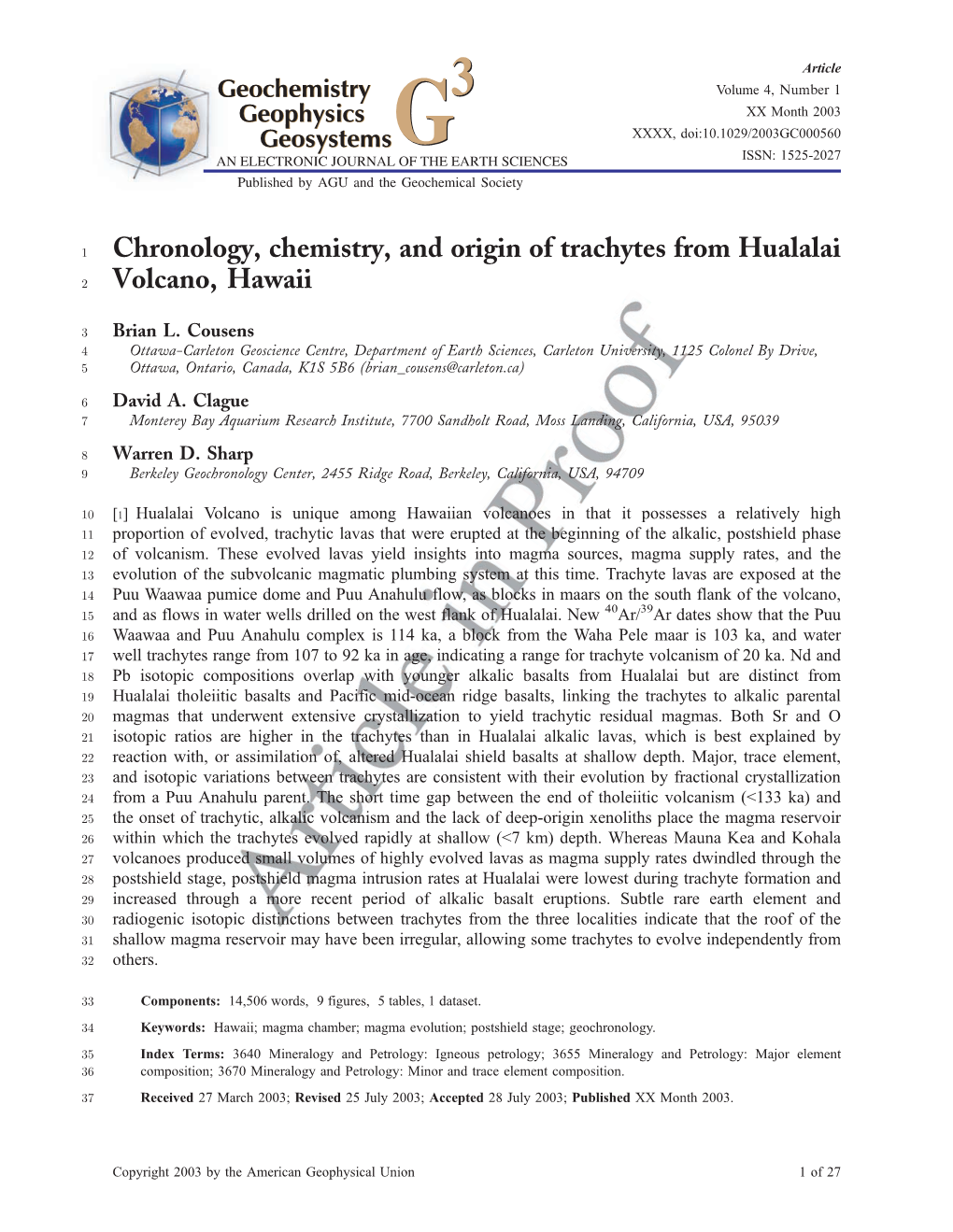 Chronology, Chemistry, and Origin of Trachytes from Hualalai Volcano, 39 Hawaii, Geochem