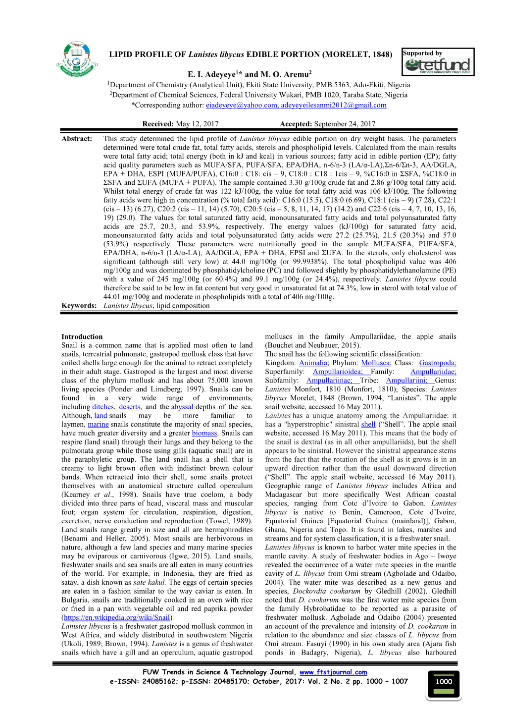 LIPID PROFILE of Lanistes Libycus EDIBLE PORTION (MORELET, 1848) Supported By