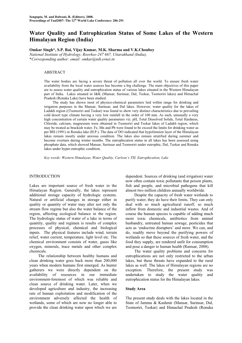 Water Quality and Eutrophication Status of Some Lakes of the Western Himalayan Region (India)