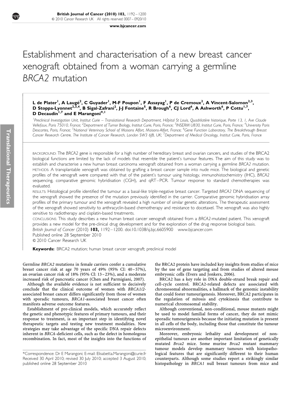 Establishment and Characterisation of a New Breast Cancer Xenograft Obtained from a Woman Carrying a Germline BRCA2 Mutation