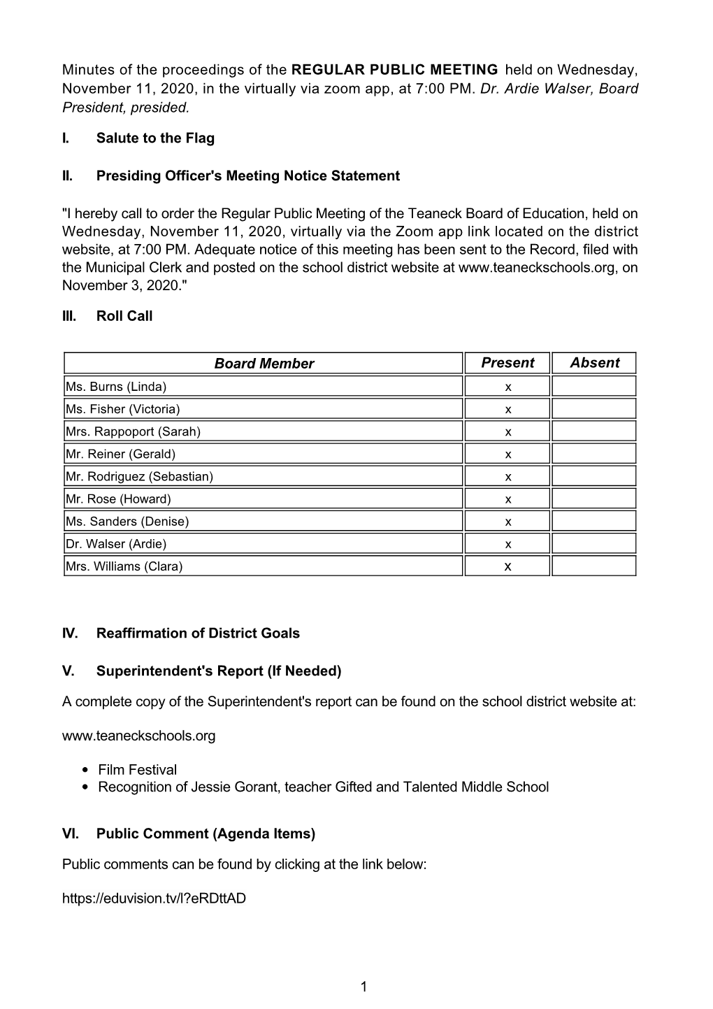 Minutes of the Proceedings of the REGULAR PUBLIC MEETING Held on Wednesday, November 11, 2020, in the Virtually Via Zoom App, at 7:00 PM