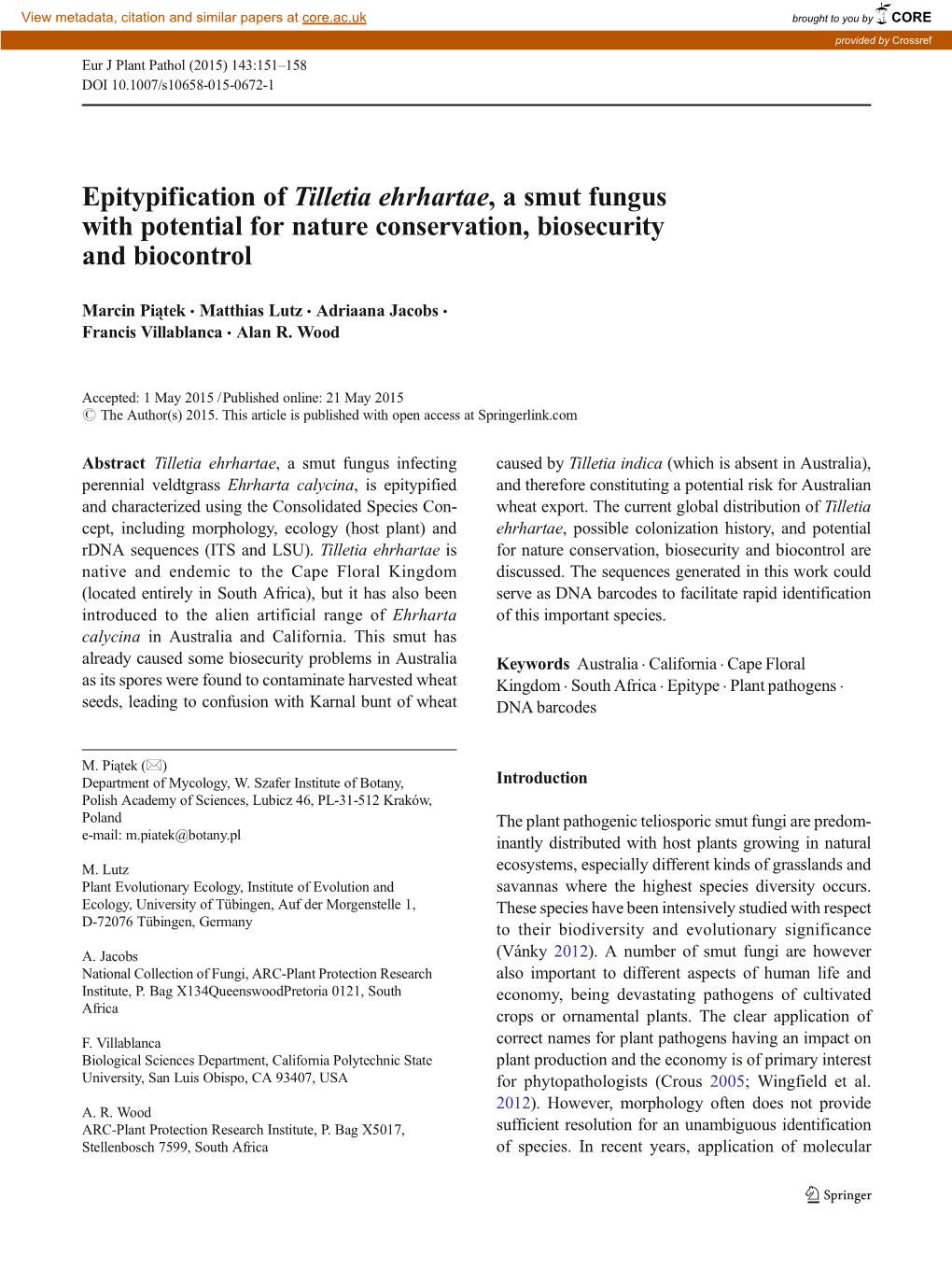 Epitypification of Tilletia Ehrhartae, a Smut Fungus with Potential For