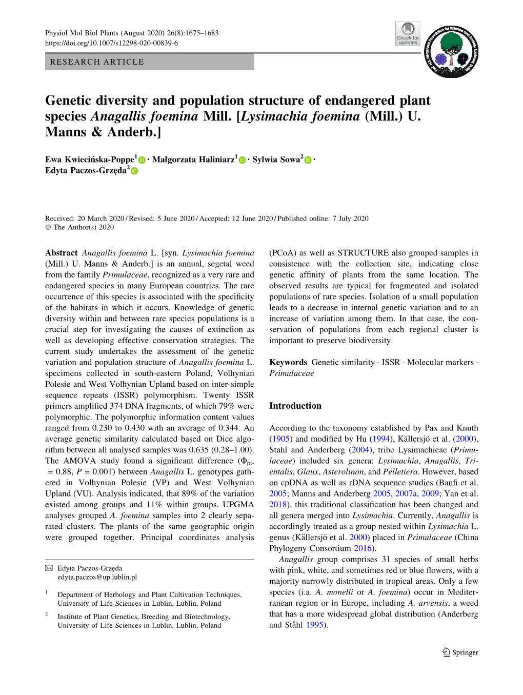 Genetic Diversity and Population Structure of Endangered Plant Species Anagallis Foemina Mill