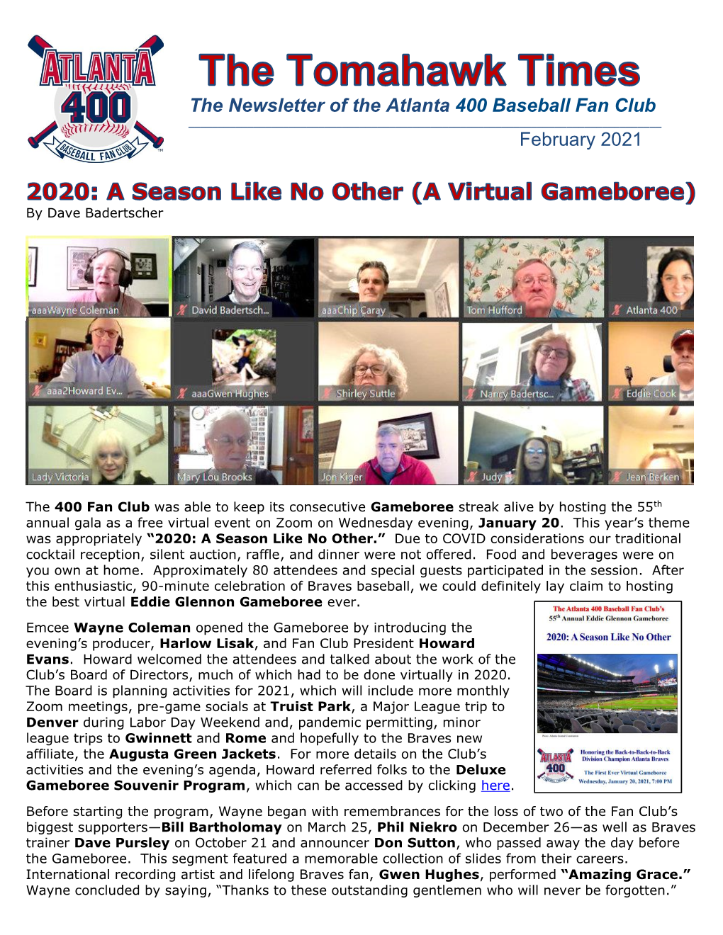 The Newsletter of the Atlanta 400 Baseball Fan Club February 2021