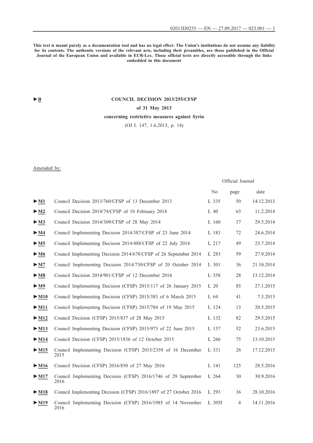 B COUNCIL DECISION 2013/255/CFSP of 31 May 2013 Concerning Restrictive Measures Against Syria (OJ L 147, 1.6.2013, P