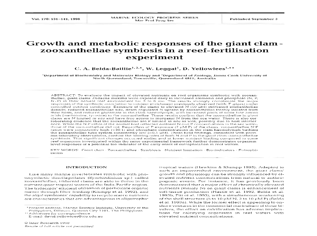 Growth and Metabolic Responses of the Giant Clam- Zooxanthellae Symbiosis in a Reef-Fertilisation Experiment