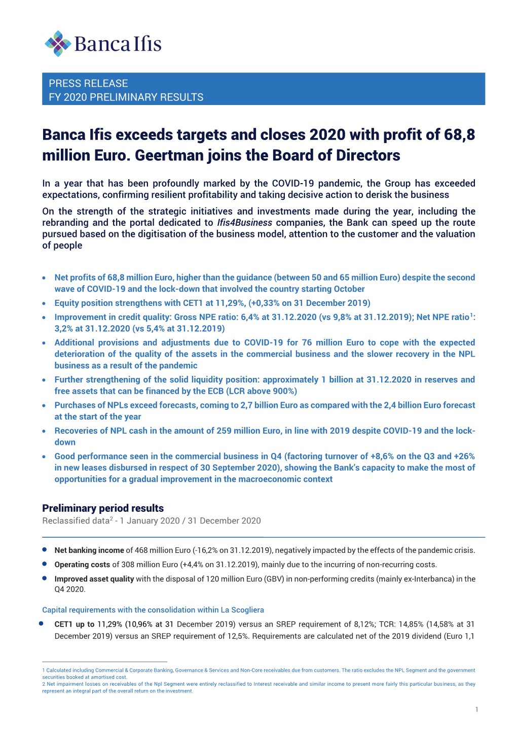 Banca Ifis Exceeds Targets and Closes 2020 with Profit of 68,8 Million Euro