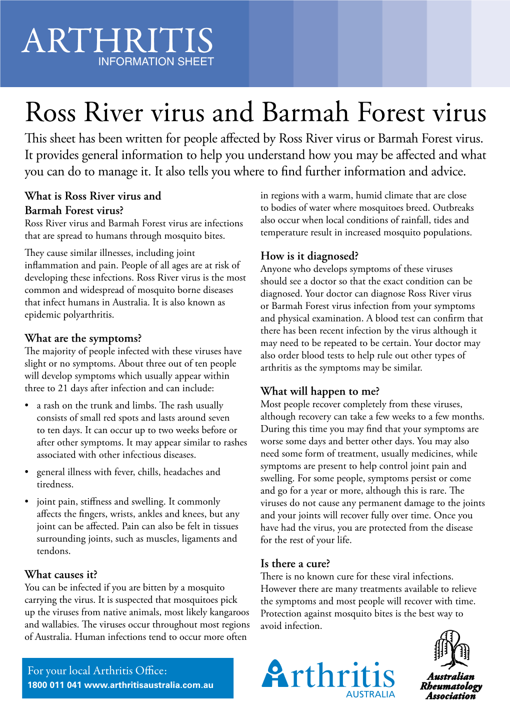 Ross River Virus and Barmah Forest Virus This Sheet Has Been Written for People Affected by Ross River Virus Or Barmah Forest Virus