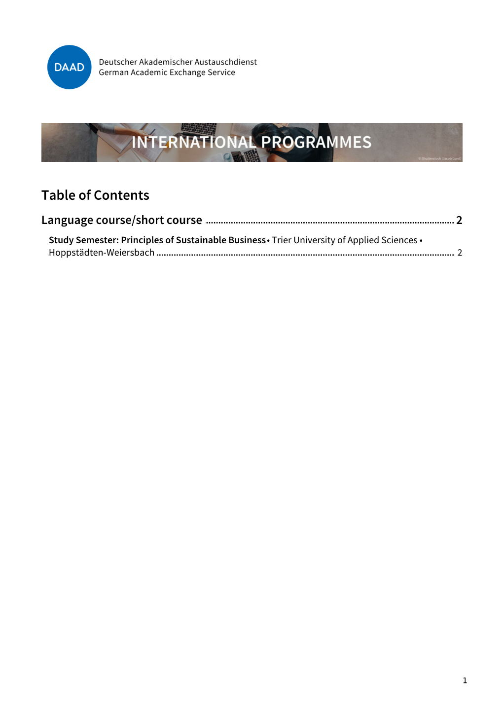 Table of Contents Language Course/Short Course 2 Study Semester: Principles of Sustainable Business • Trier University of Applied Sciences • Hoppstädten-Weiersbach 2