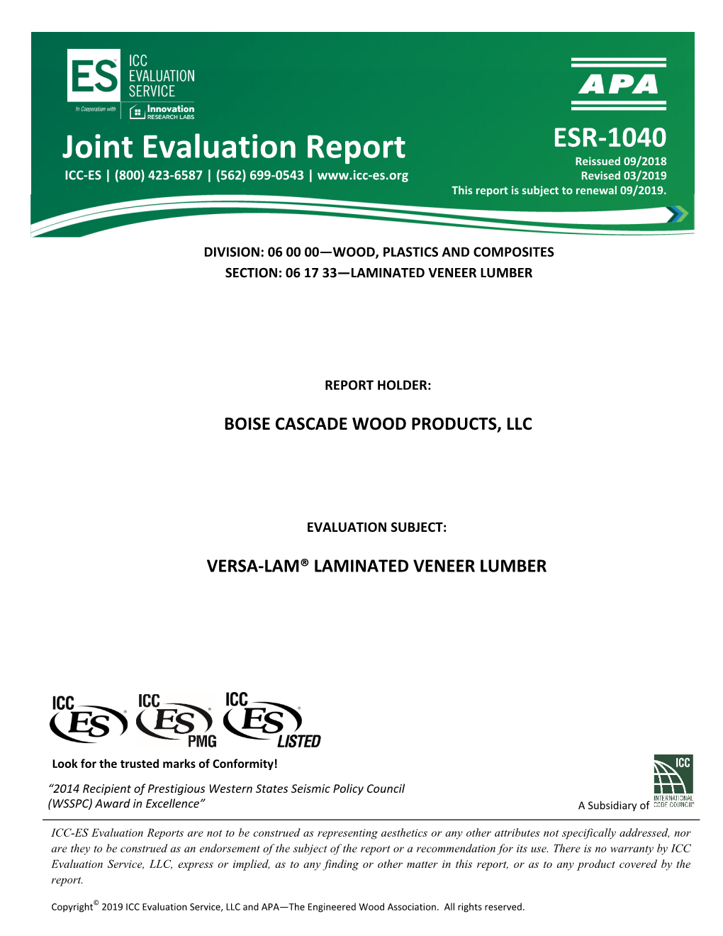 ESR-1040 Reissued September 2018 Revised March 2019 This Report Is Subject to Renewal September 2019