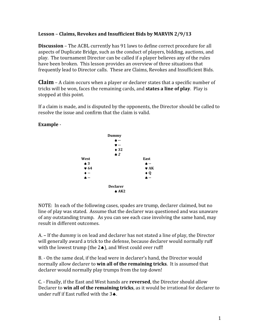 Claims, Revokes and Insufficient Bids by MARVIN 2/9/13 Discussion