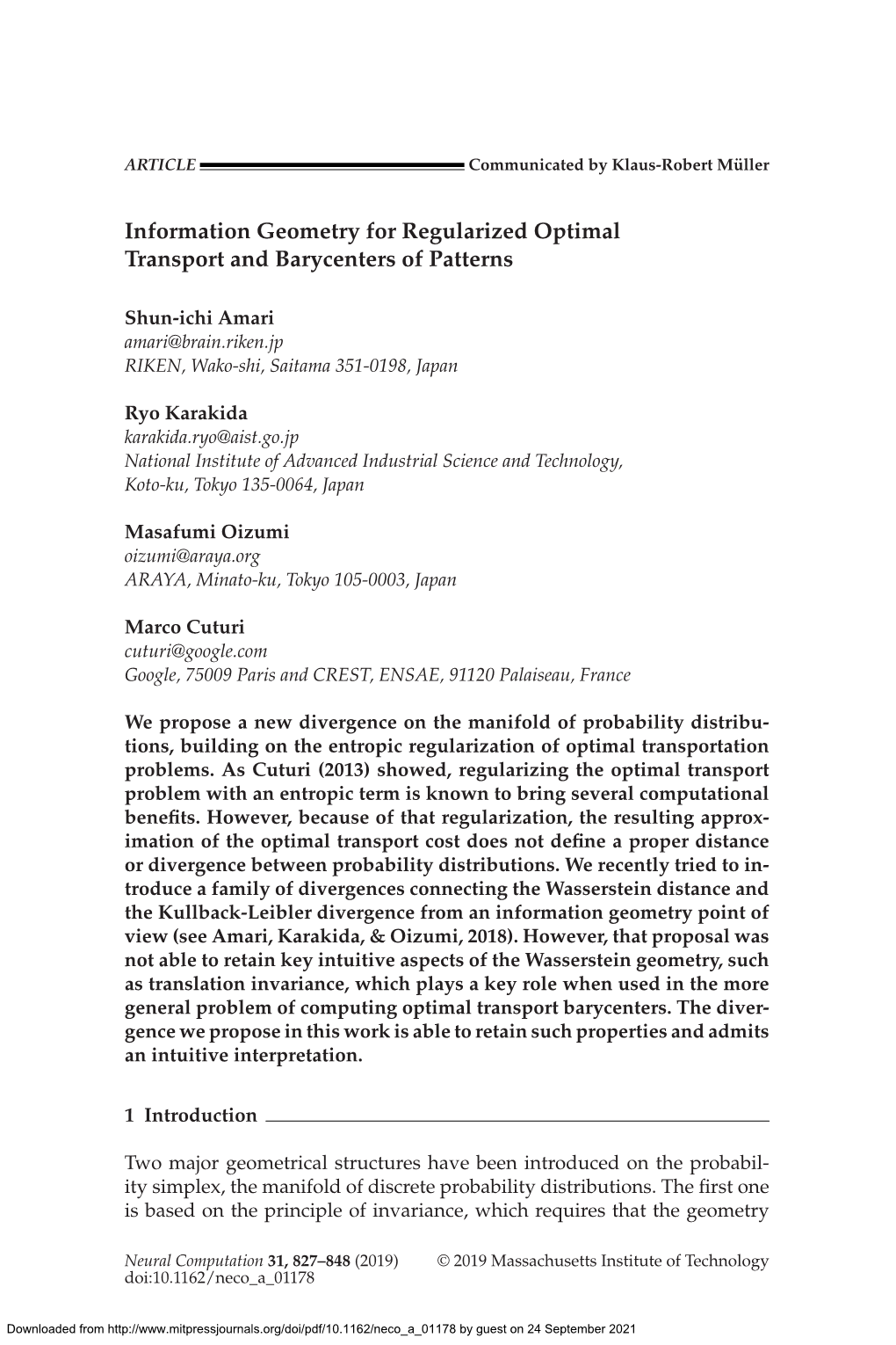 Information Geometry for Regularized Optimal Transport and Barycenters of Patterns