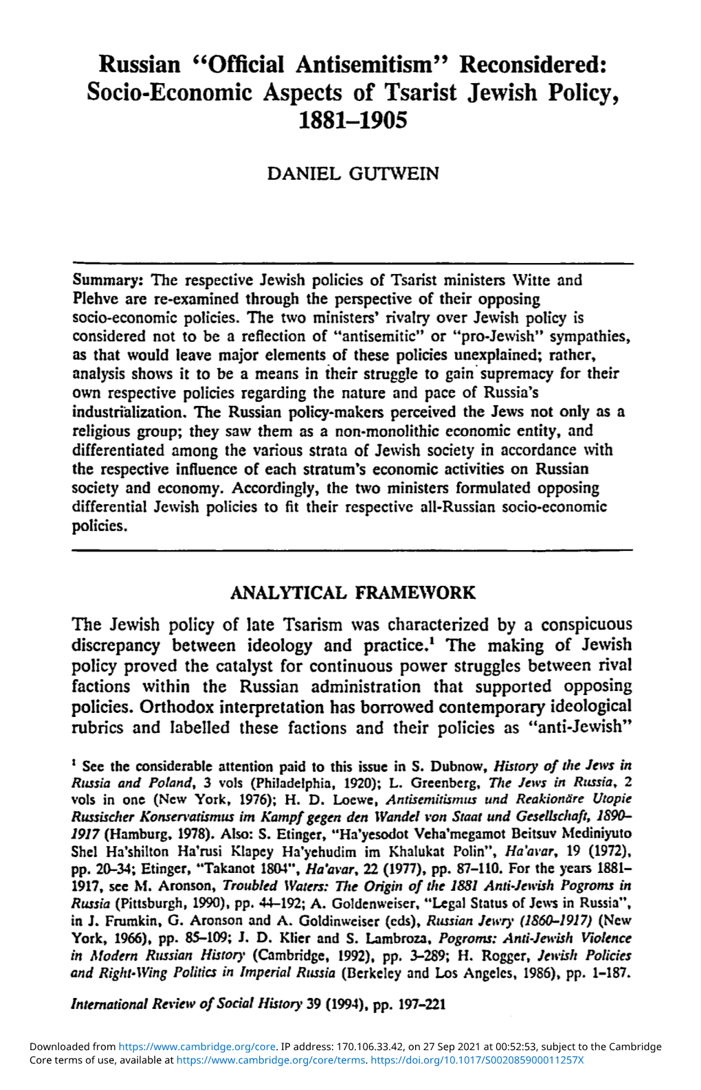 Socio-Economic Aspects of Tsarist Jewish Policy, 1881-1905