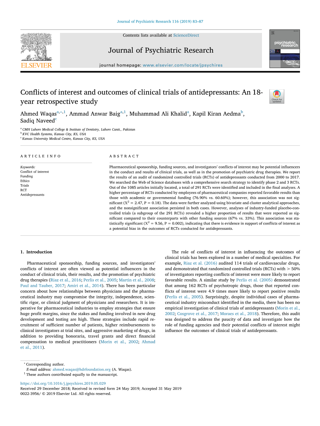 Conflicts of Interest and Outcomes of Clinical Trials of Antidepressants An