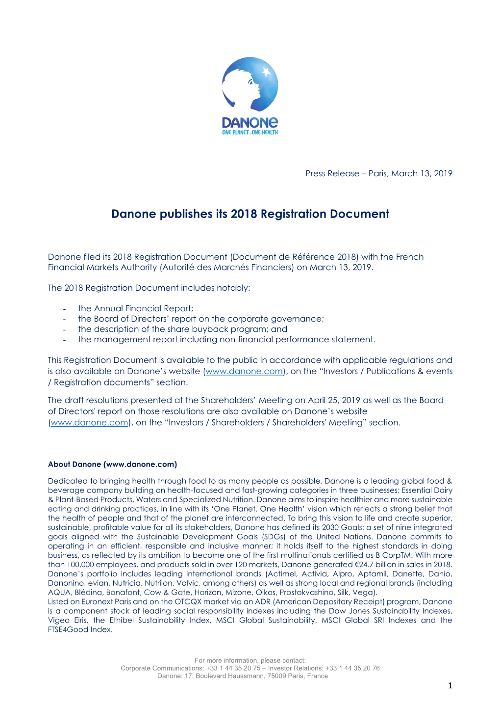 Danone Publishes Its 2018 Registration Document