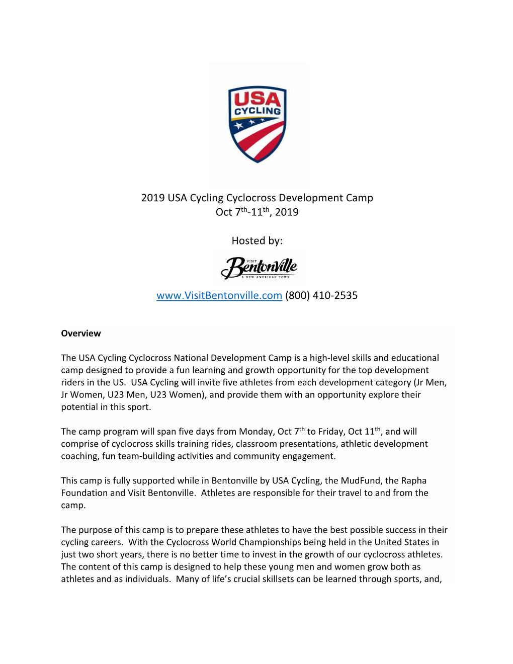 2019 USA Cycling Cyclocross Development Camp Oct 7Th-11Th, 2019 Hosted By: (800) 410-2535