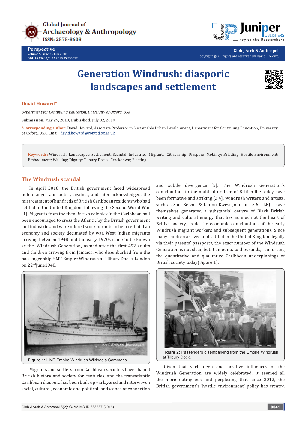 Generation Windrush: Diasporic Landscapes and Settlement