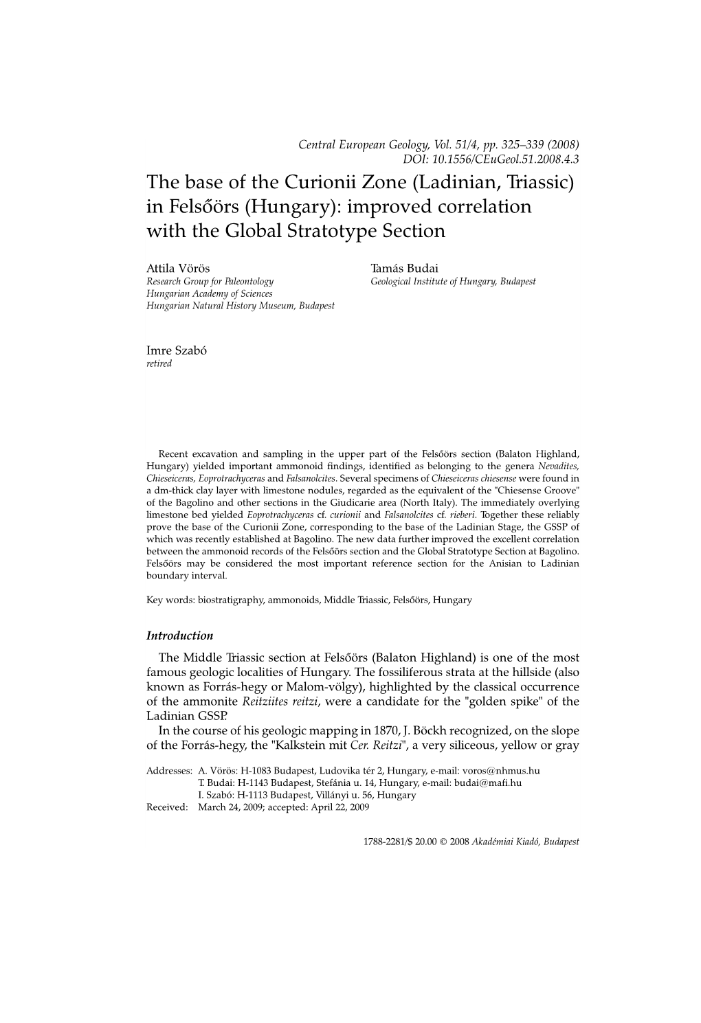 Ladinian, Triassic) in Felsõörs (Hungary): Improved Correlation with the Global Stratotype Section