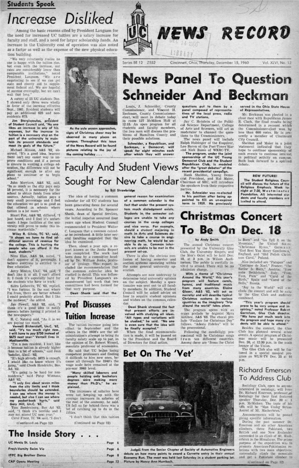 University of Cincinnati News Record. Thursday, December 15, 1960. Vol. XLVI, No