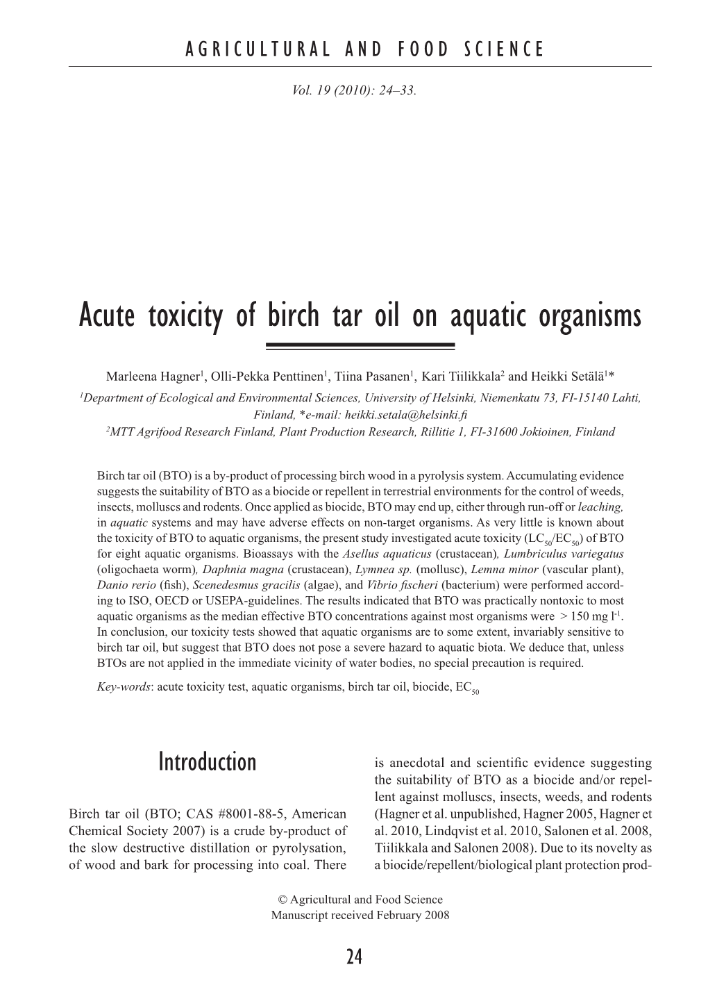 Acute Toxicity of Birch Tar Oil on Aquatic Organisms