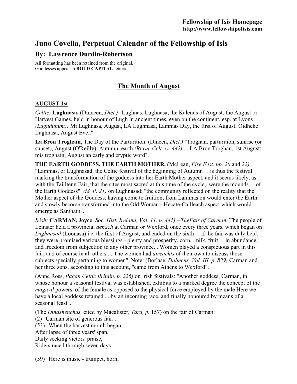 Juno Covella, Perpetual Calendar of the Fellowship of Isis By: Lawrence Durdin-Robertson All Formatting Has Been Retained from the Original