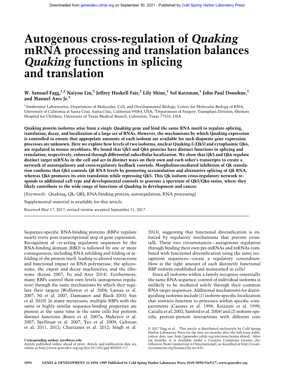Mrna Processing and Translation Balances Quaking Functions in Splicing and Translation