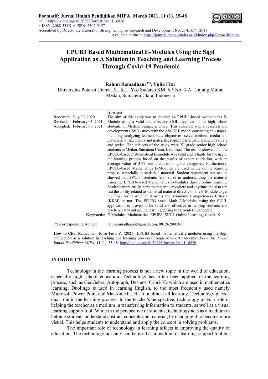 EPUB3 Based Mathematical E-Modules Using the Sigil Application As a Solution in Teaching and Learning Process Through Covid-19 Pandemic