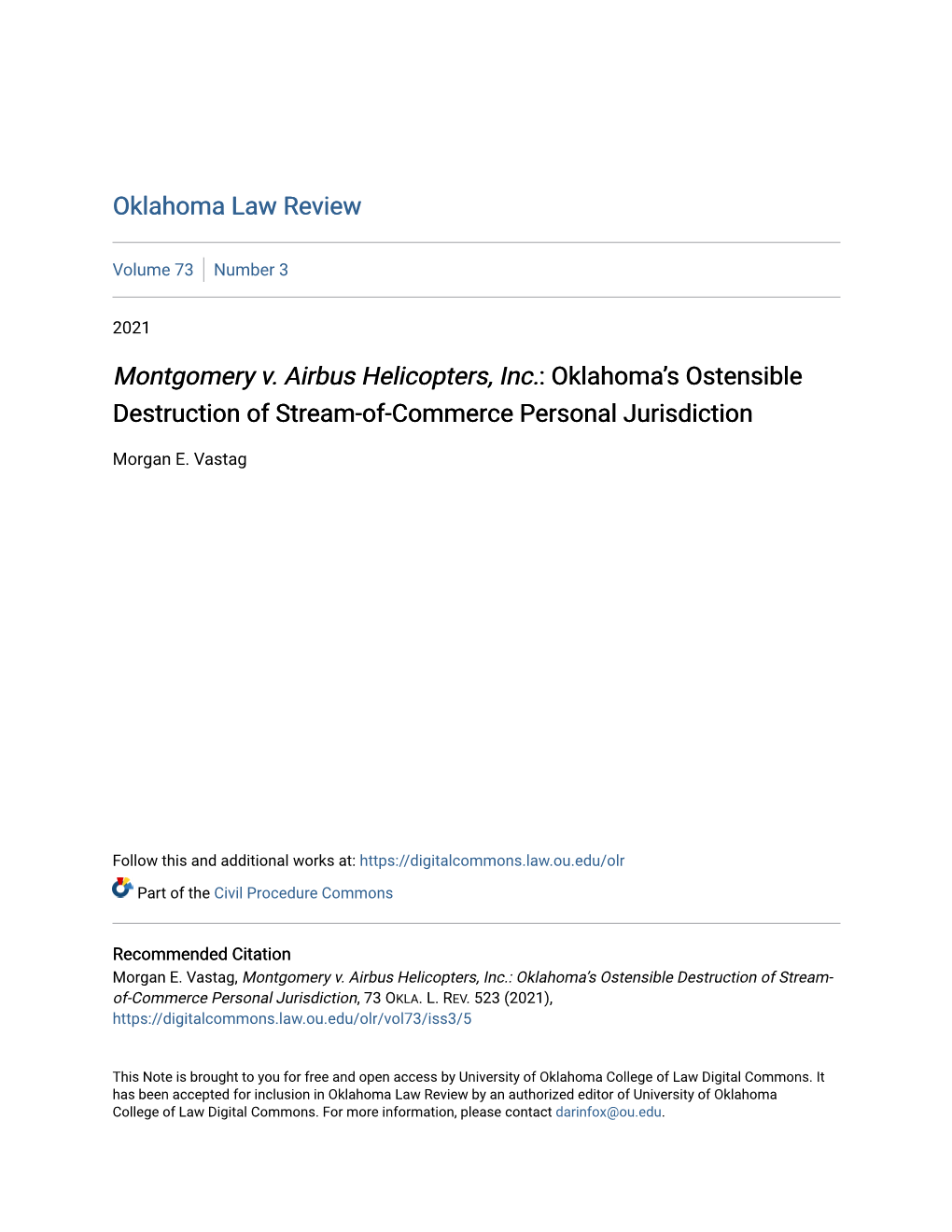 Montgomery V. Airbus Helicopters, Inc.: Oklahoma’S Ostensible Destruction of Stream-Of-Commerce Personal Jurisdiction