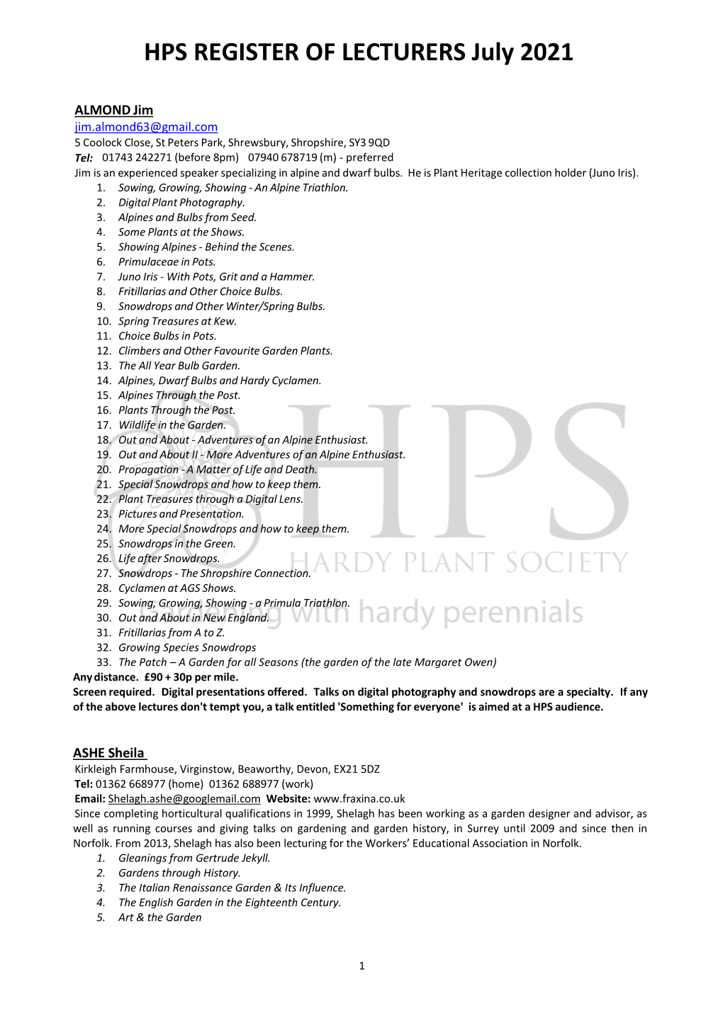 HPS REGISTER of LECTURERS July 2021