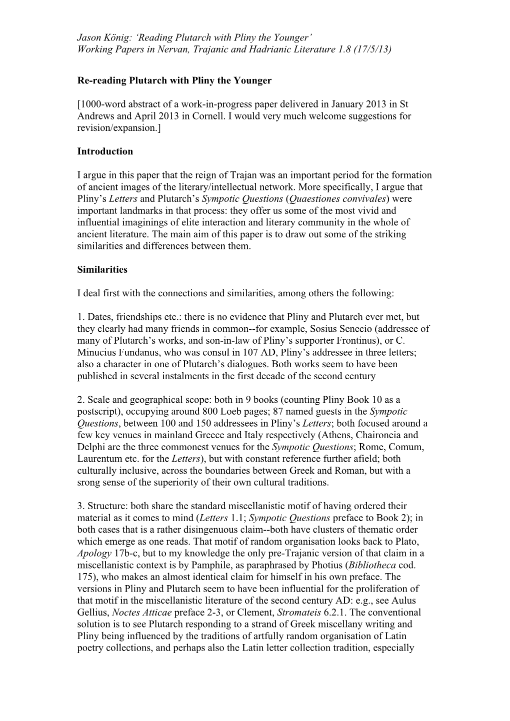 Reading Plutarch with Pliny the Younger’ Working Papers in Nervan, Trajanic and Hadrianic Literature 1.8 (17/5/13)